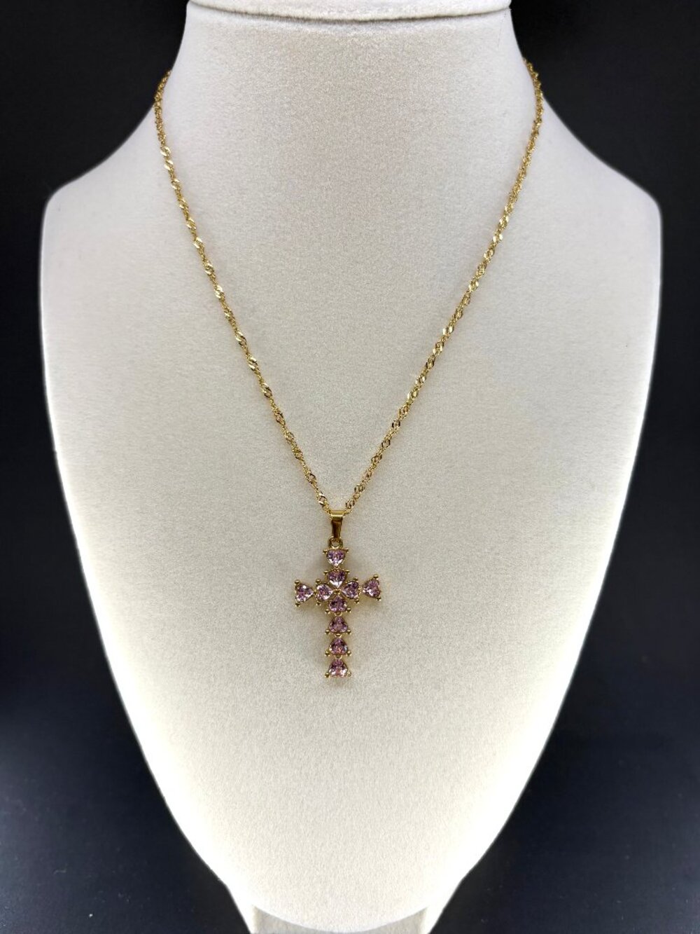 18K Gold Plated Stainless Steel Heart CZ Cross Pendant Necklace Chain 40+6cm
